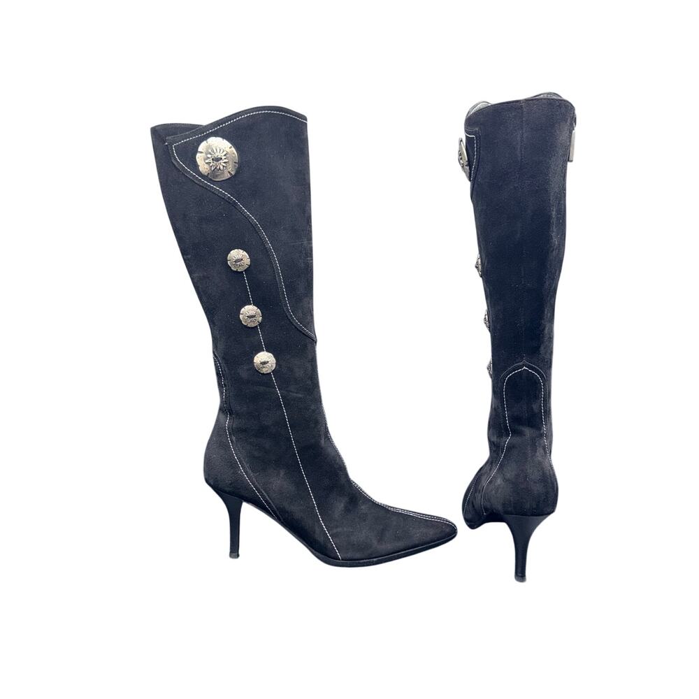 Claudia Ciuti Black Suede Knee High Boots Italy 7.5M Western Button